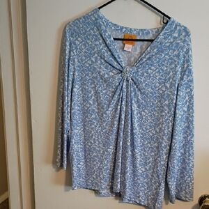 Ruby Rd. Light Blue‎ Patterned Blouse Long Sleeve With Rhinestone Embellishments